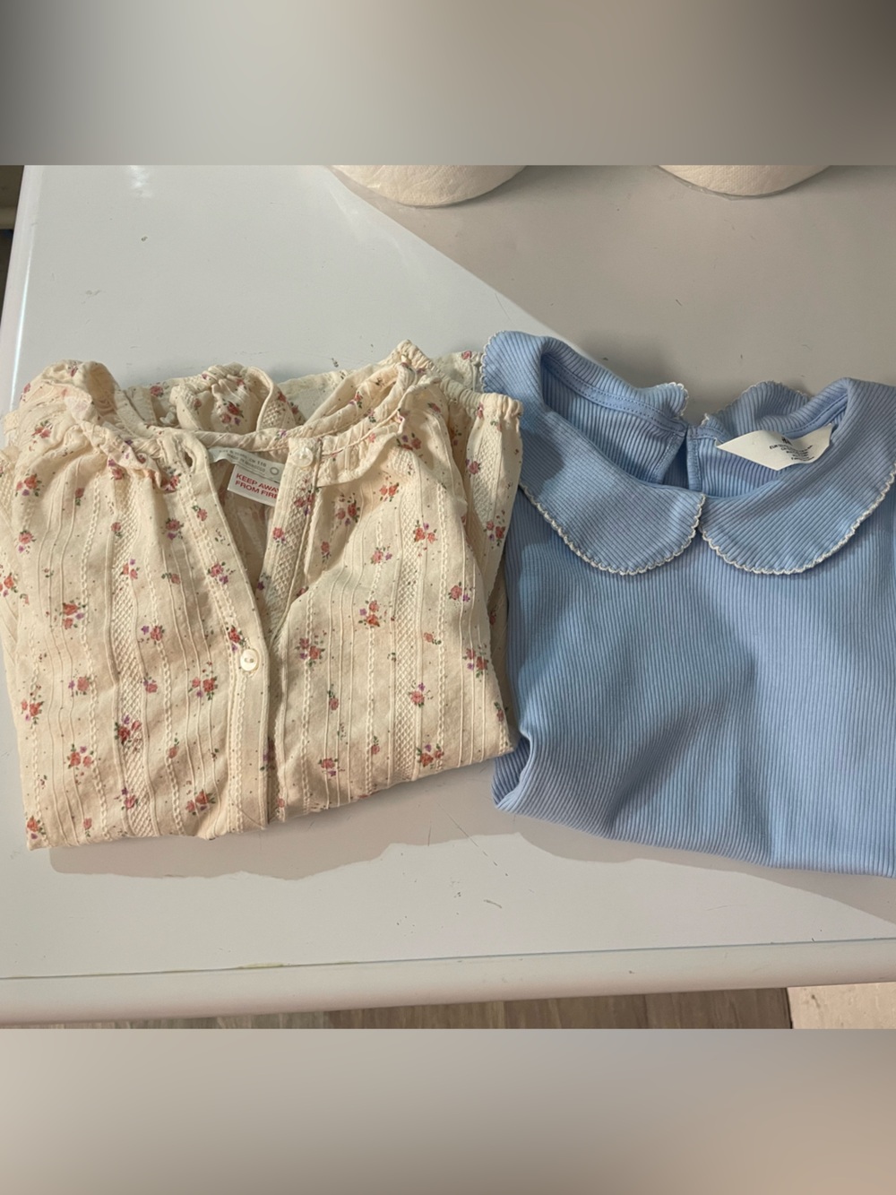 Zara Cream Floral Button Front Top & Zara Light Blue Peter Pan Collar Top